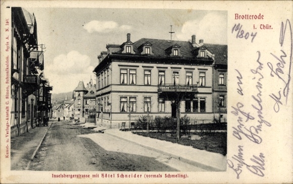 Postcard Brotterode in Thuringia, Inselsbergerstrasse, Hotel Schneider, old architecture, street