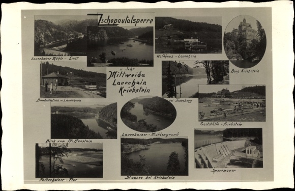 Foto Ak Kriebstein Mittelsachsen, Zschopau Talsperre, Sperrmauer, Blick vom Pfaffenstein, Gaststätte