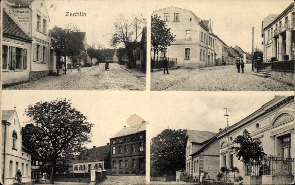 Postcard Flecken Zechlin Rheinsberg, street sections, commercial building L. Schwarz, town house