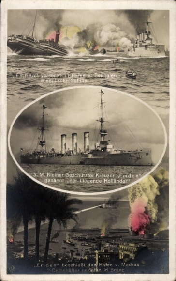Postcard German warship, SMS Emden, small cruiser bombards Madras, Imperial Navy