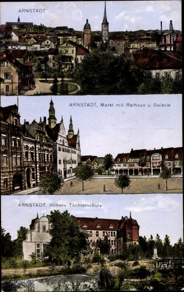 Ak Arnstadt in Thüringen, Markt, Rathaus, Galerie, Töchterschule, Panorama