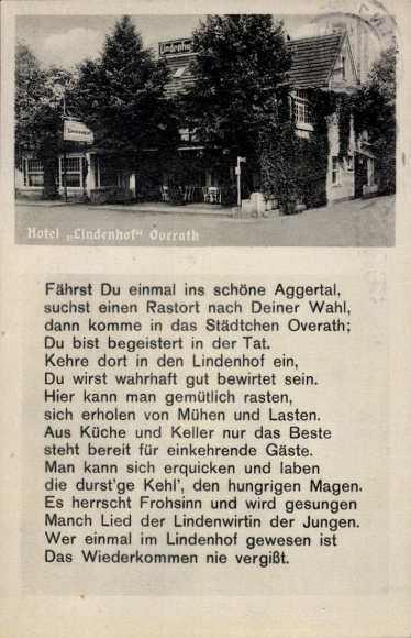 Postcard Overath in the Bergisches Land, Hotel Lindenhof, poem