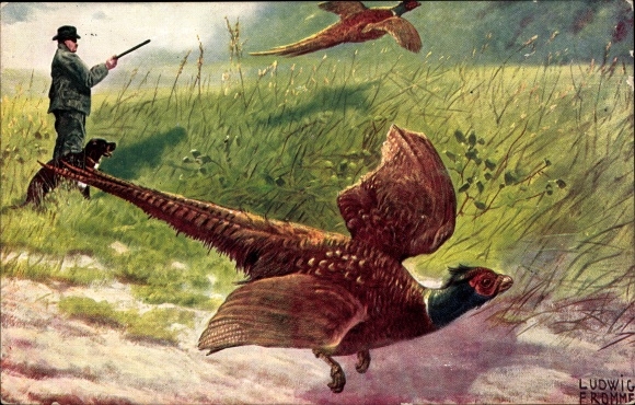 Artist Postcard Fromme, Ludwig, pheasant hunting, hunter with dog and rifle