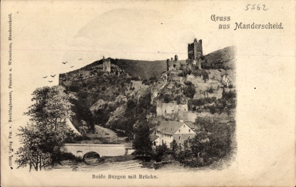 Ak Manderscheid in der Eifel, Beide Burgen, Brücke, Verlag Fr. v. Recklinghausen