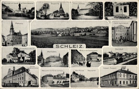 Ak Schleiz im Vogtland Thüringen, Heumarkt mit Kaiser Wilhelm Denkmal, Bergkirche, Fürst Schless,