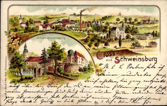 Chromo-Litho Schweinsburg Neukirchen Pleiße, general view, castle
