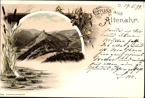 Postcard Altenahr in the Ahr Valley, Engelsley, Greetings from Altenahr. - View of a town in a valley with mountains...