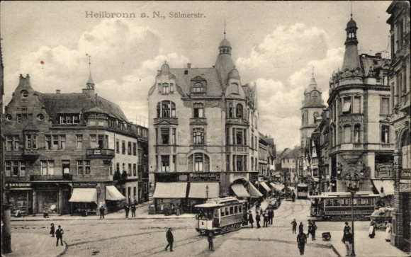 KP Heilbronn am Neckar, widok na miasto, Salmerstr., budynki, tramwaje