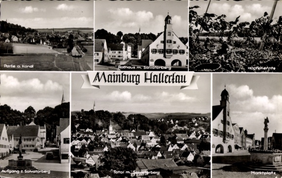 Postcard Mainburg in the Hallertau region of Lower Bavaria, part of the canal, town hall with Salvatorberg, market, H...