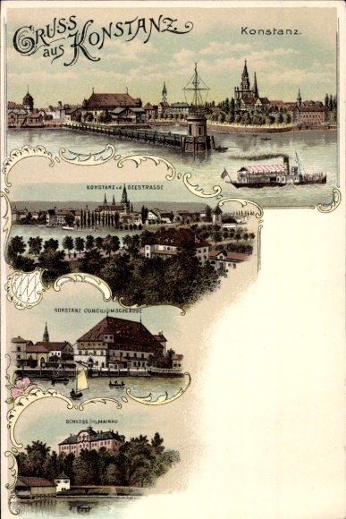 Litho Konstanz am Bodensee, Konziliumsgebäude, Seestraße, Hafen, Schloss Mainau