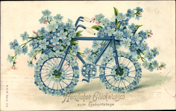 Embossed PC congratulations birthday, bicycle, forget-me-not