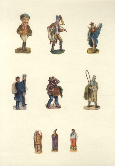 9 wafers theater costumes, various professions, indigenous people, approx. 7 x 4 cm to 4 x 2 cm