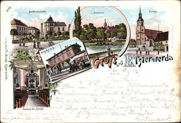 Chromo-Litho Elsterwerda in the Elbe Elster district, monument square, seminary, train station, interior of the church