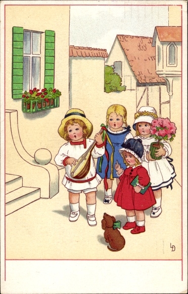 Artist PC Döring, Lia, birthday, children with flowers, lute, dachshund, Meissner book 2301