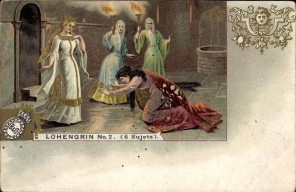 litho Lohengrin, vrouw met fakkels, biddende vrouw, heerser