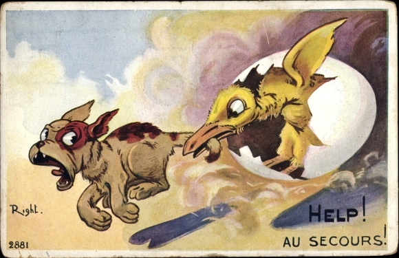 Artist Postcard Right, Help, Au Secours, Chick bites dog's tail