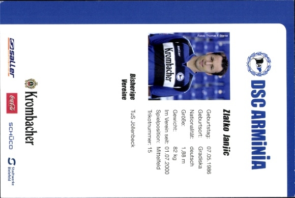 Autograph card footballer Zlatko Janjic, DSC Arminia Bielefeld, autograph