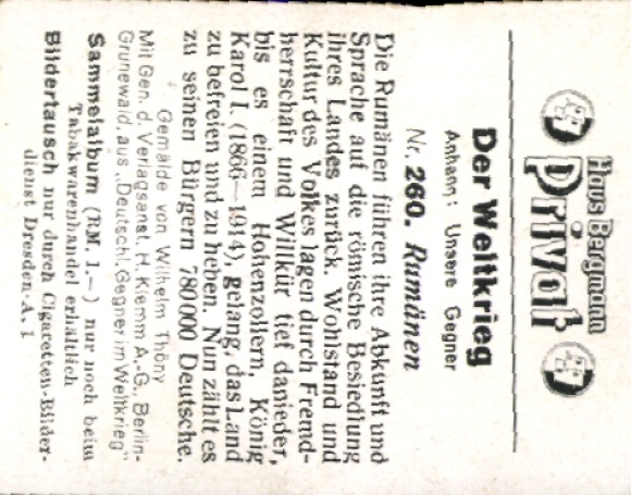 Collector's picture The World War, appendix Our opponents, No. 260 Romanians