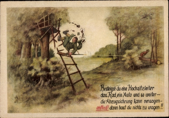 Artist PC Geilfus, high seat, trigger safety, hunter falls, weapon not unloaded, hunting accident