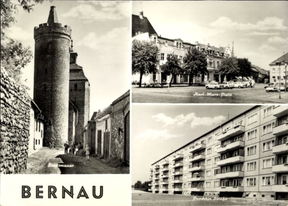 Postcard Bernau near Berlin, pictures of Karl-Mars-Platz, historical architecture, residential buildings