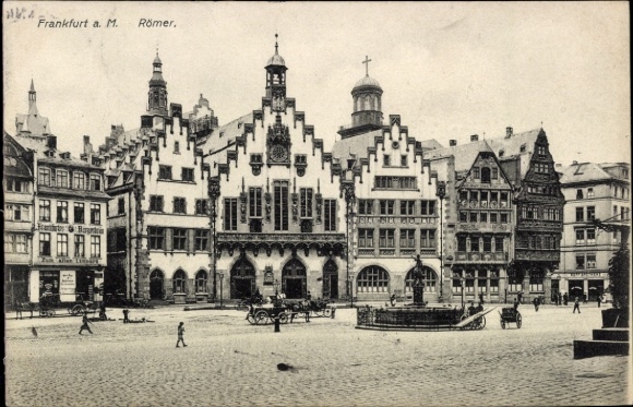 Postcard Frankfurt am Main, Frankfurt a. M., Römer, buildings, people on the square, horse-drawn carriages