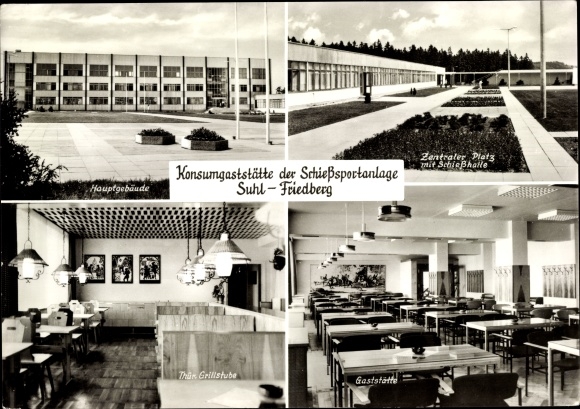 Postcard Friedberg Suhl Thuringia, consumer restaurant of the shooting range, main building, central square