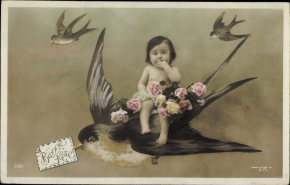 Postcard Congratulations, Swallow carries a toddler on its back, roses