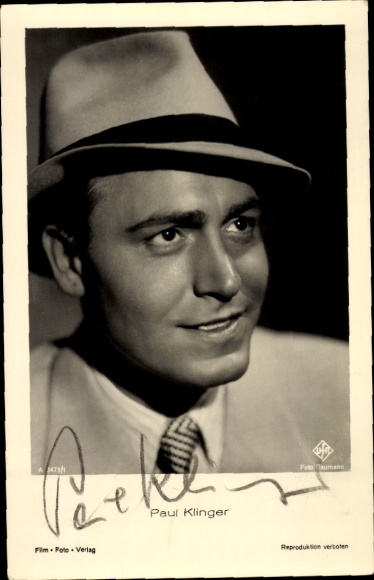 Postcard actor Paul Klinger, portrait, autograph, UFA Film A 3473 1, hat, tie