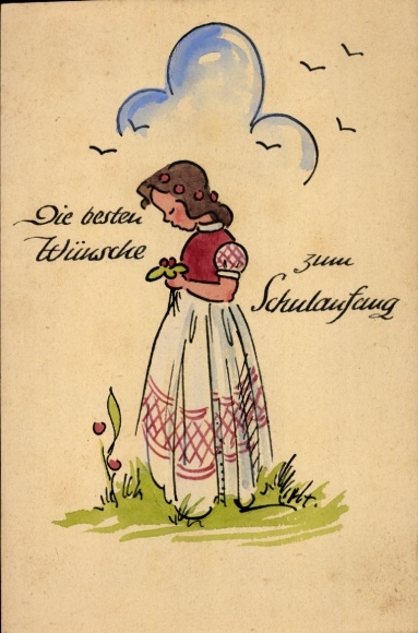 Postcard congratulations school enrollment, girl, flower