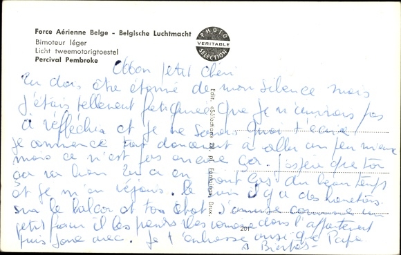 Postcard Belgisches Militärflugzeug, Force Aerienne Belge, Bimotor leger, Percival Pembroke