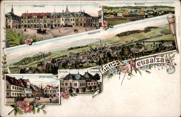 Litho Neusalza Spremberg in Sachsen, Obermarkt, Bahnhof, Gesamtansicht, Niedermarkt, Schützenhaus