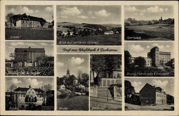 Postcard Weißbach Amtsberg Sachsen, Heim Linde, church, memorial, town hall, school, stocking factory