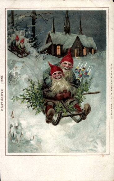 Chromo-Litho Christmas, dwarves, sleigh ride, Christmas tree