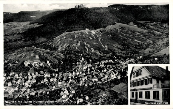 Postcard Neuffen in Württemberg, Hohenneuffen Castle, aerial photograph, Gasthaus zum Fass