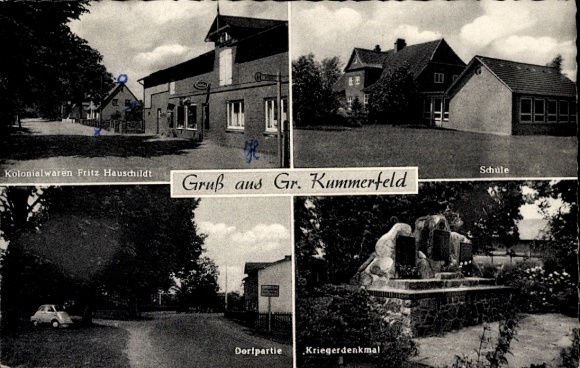 Postcard Groß Kummerfeld near Neumünster, grocery store Fritz Hauschildt, school, war memorial