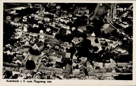 Postcard Auerbach im Vogtland, aerial view of Auerbach, city view, churches, buildings