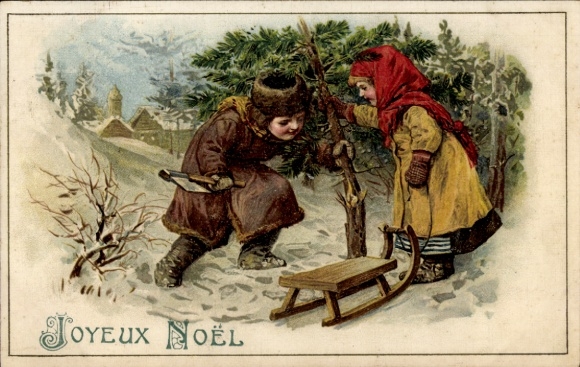 Chromo-Litho Merry Christmas, children cutting down a Christmas tree, sleigh