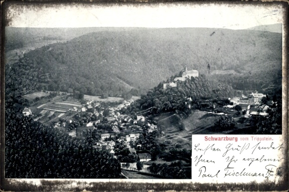 Postcard Schwarzburg in Thuringia, aerial view of Trippstein, castle landscape