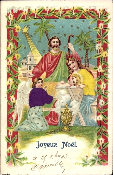 Embossingmateriaal Ak Gefeliciteerd Kerstmis, Engel, Heilige Familie