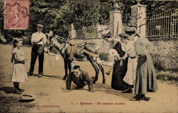 Postcard Robinson Hauts de Seine, rider falls from donkey