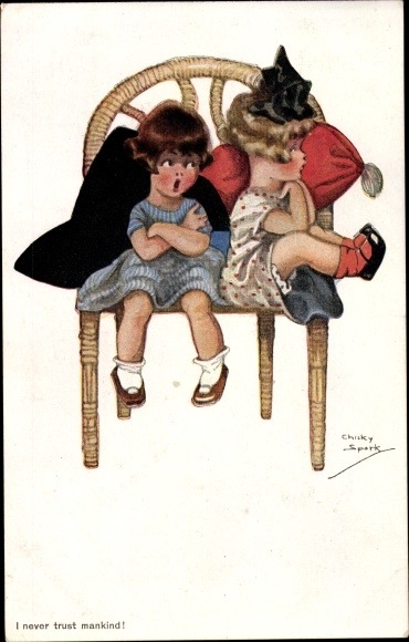 Artist Postcard Spark, Chicky, Two Girls on a Wicker Chair, I never trust mankind