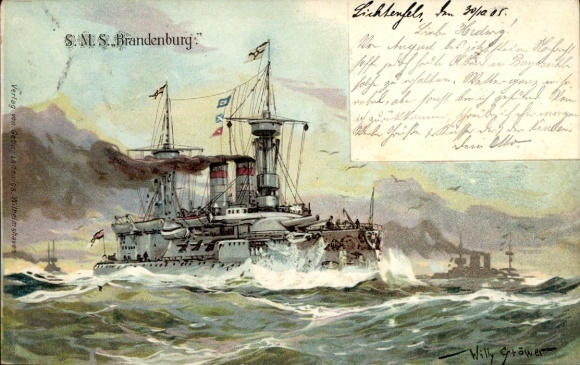 Embossing Artist Chromo-Litho Stöwer, Willy, German Warship, SMS Brandenburg