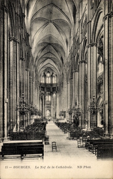 Postcard Bourges Cher, Cathedral, interior view, high ceilings, chairs