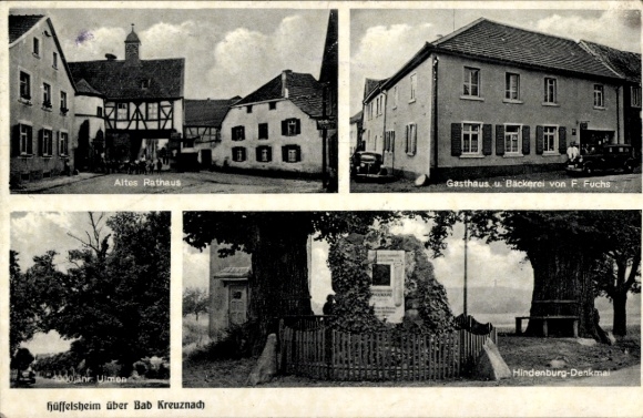 KP Hüffelsheim Nadrenia Palatynat, stary ratusz, zajazd, piekarnia, wiązy, pomnik Hindenburga
