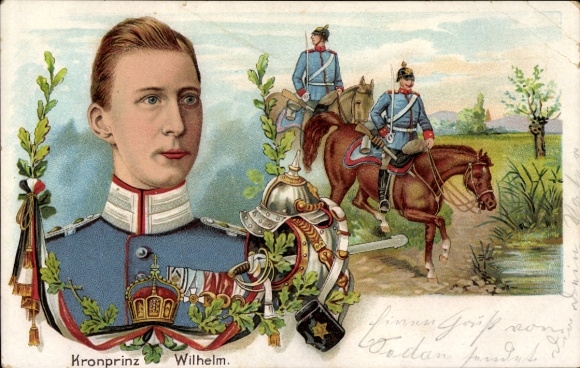 Chromo-Litho Crown Prince Wilhelm, Portrait, Soldiers on Horseback