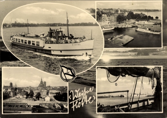 Postcard White Fleet Stralsund, VEB passenger ship Eldena, MS Heringsdorf