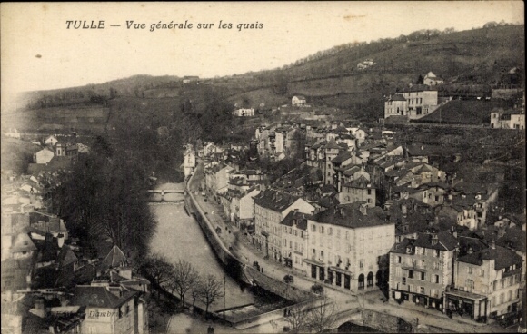 Ak Tulle Corrèze, Stadtansicht, Quai, Häuser, Fluss, Hügel