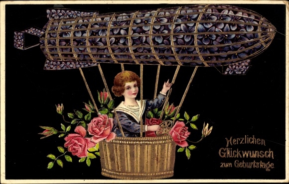 Postcard Happy Birthday, Zeppelin, violets, roses
