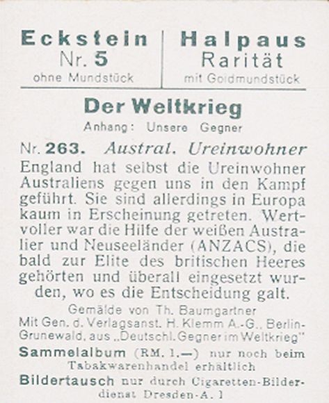 Collective Card The World War Appendix: Our Opponents No. 263 Australian Aborigines, ANZACS