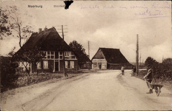 Postcard Hamburg Harburg Moorburg, Moorkaten, Old Houses, Man with Wheelbarrow